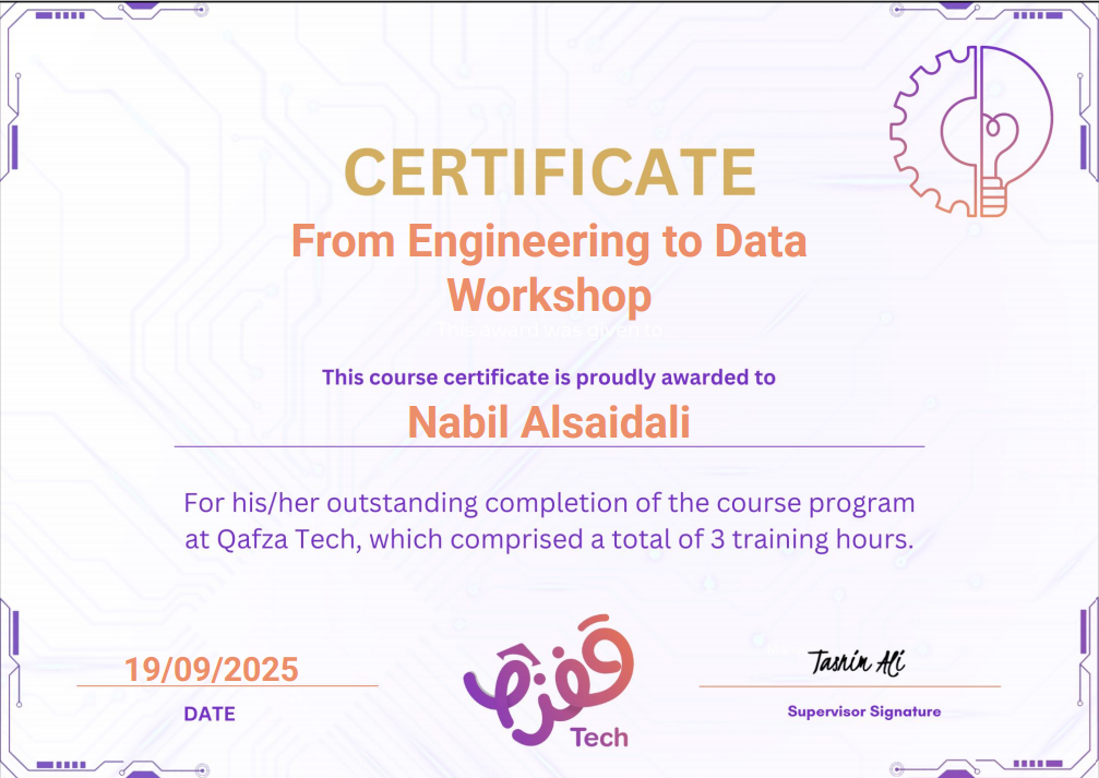 From Engineering to Data Workshop Certificate