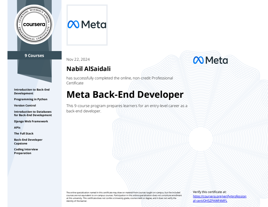 Meta Back-End Developer Certificate